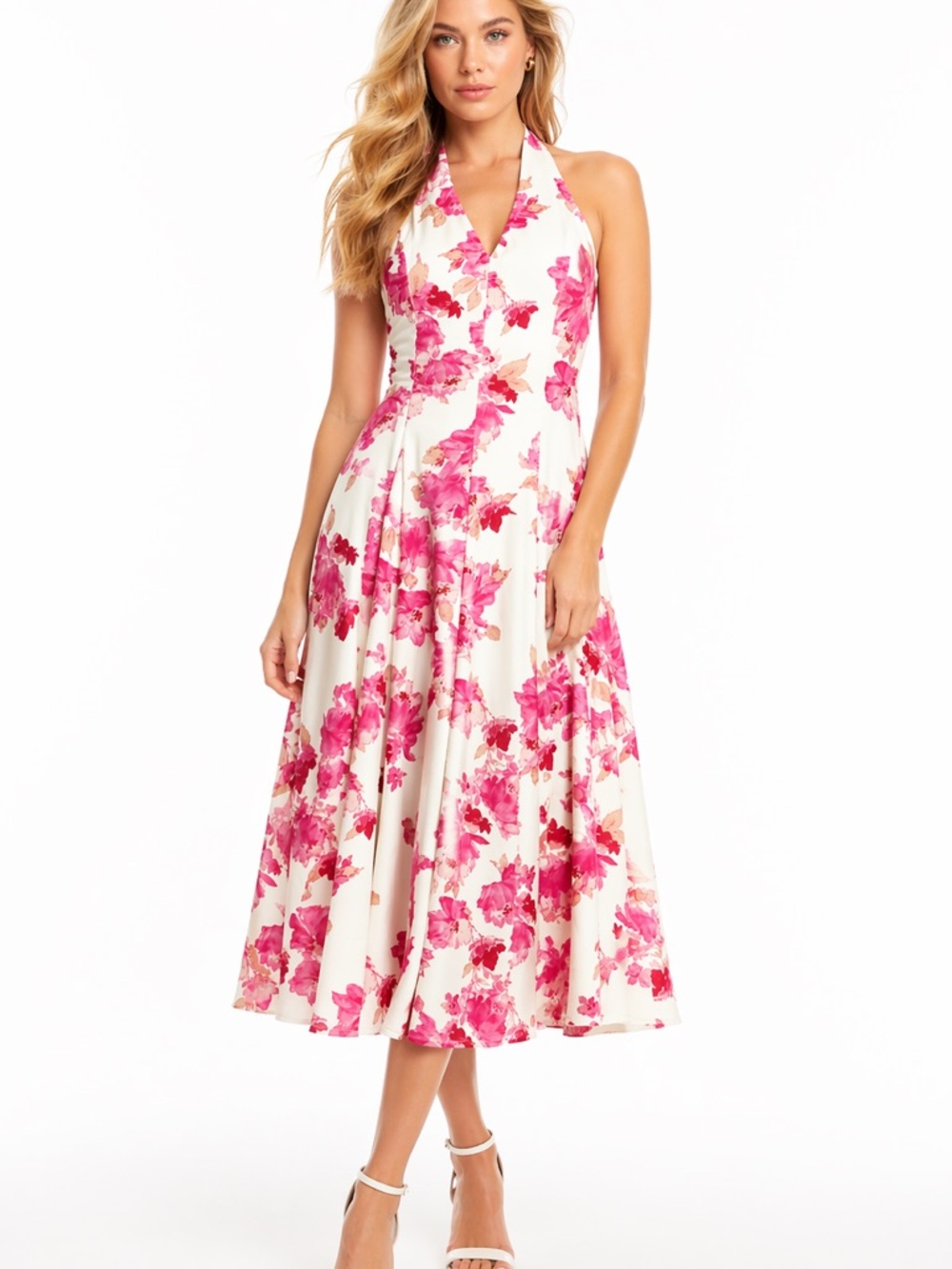 Floral Halter Midi Dress in Pink and Cream